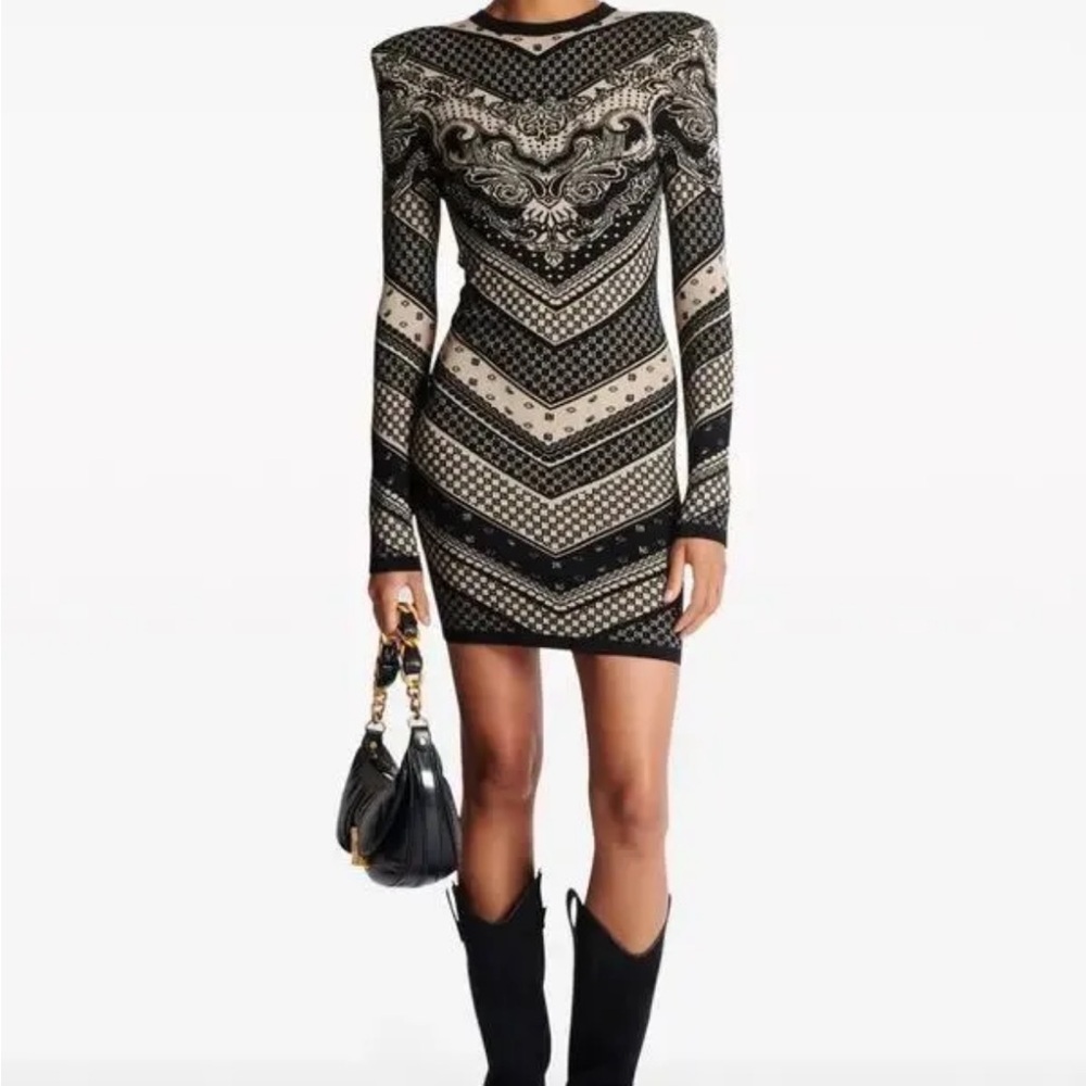 Balmain Black and Cream Patterned Long-Sleeve Mini Dress